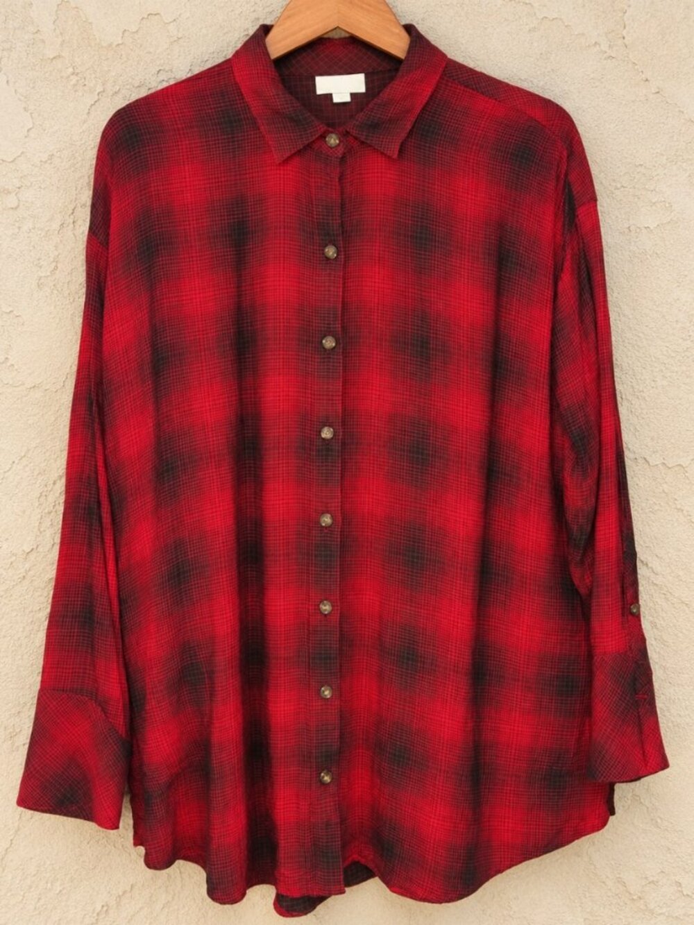 J. Jill M Tunic Top Shirt Blouse Plaid Check Red Black Pockets Double Cloth Long